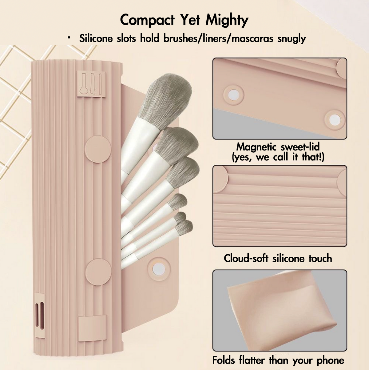 Makeup brush holder with brushes, highlighting features like silicone slots and magnetic lid.