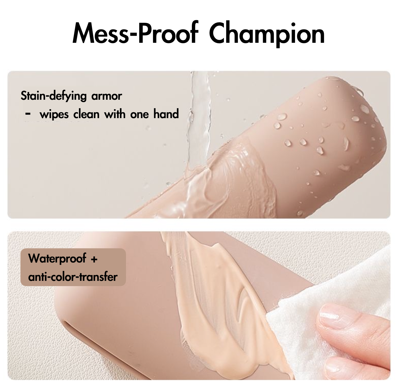 Product demonstration of stain-defying armor with waterproof and anti-color-transfer properties.