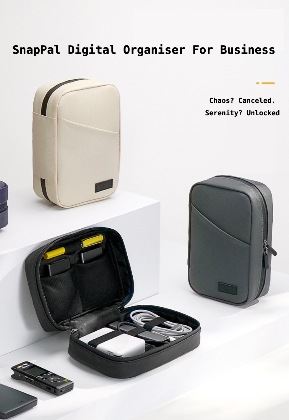 SnapPal Digital Organiser for business with two closed cases and one open showing electronic devices.