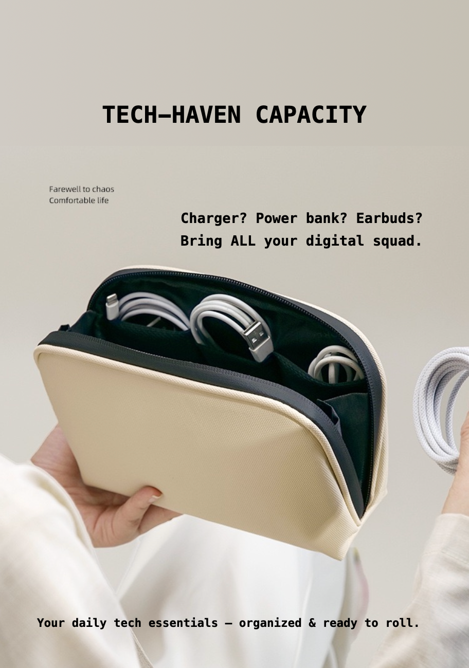 Beige carrying case with electronic devices inside, text about tech capacity and organization.