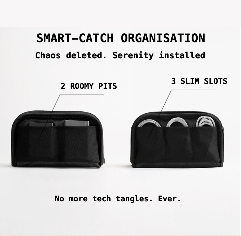 Black organizational pouch with text highlighting features on a white background