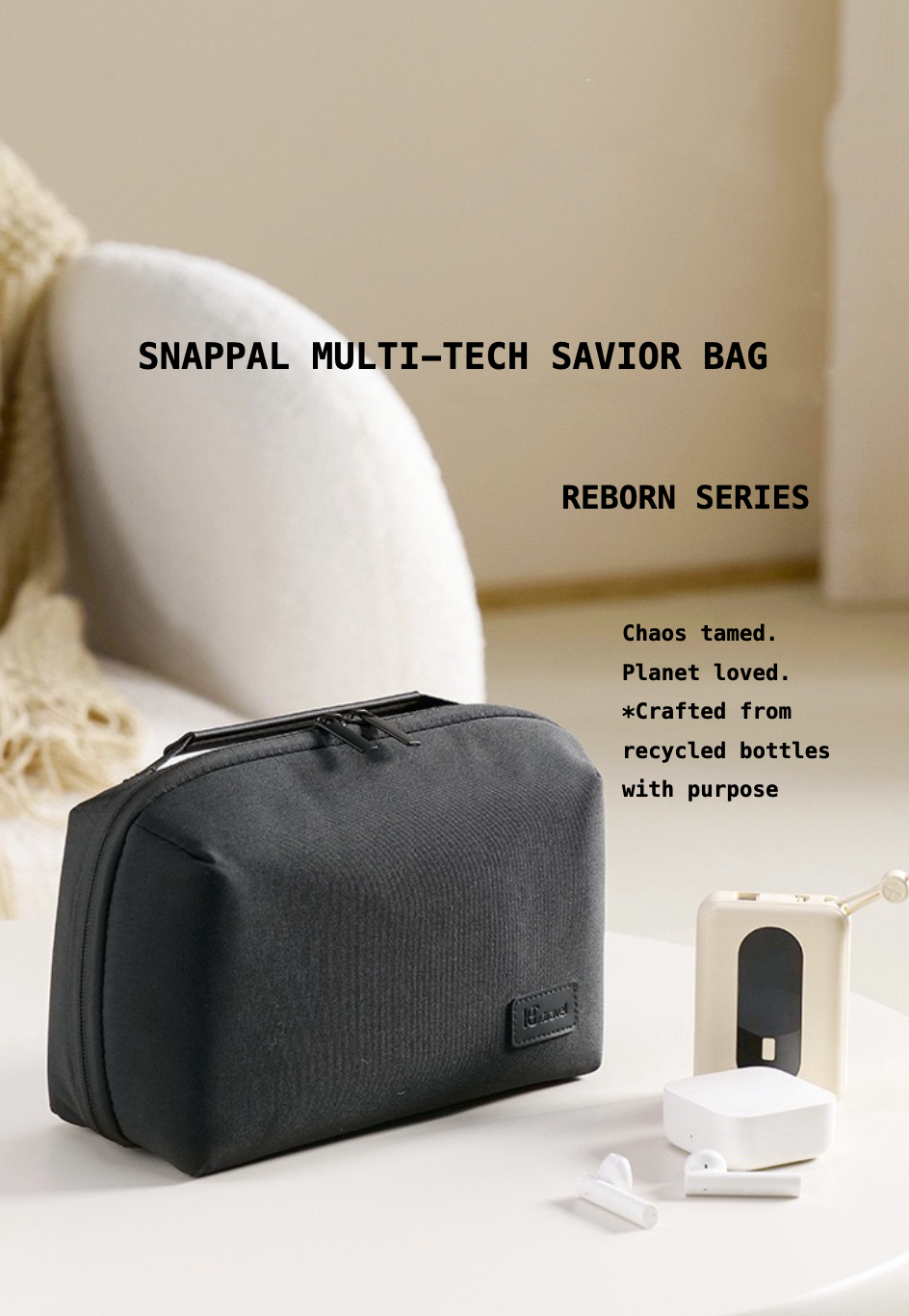 Black Snappal Multi-Tech Savior Bag on a white surface with text about the product and its features.