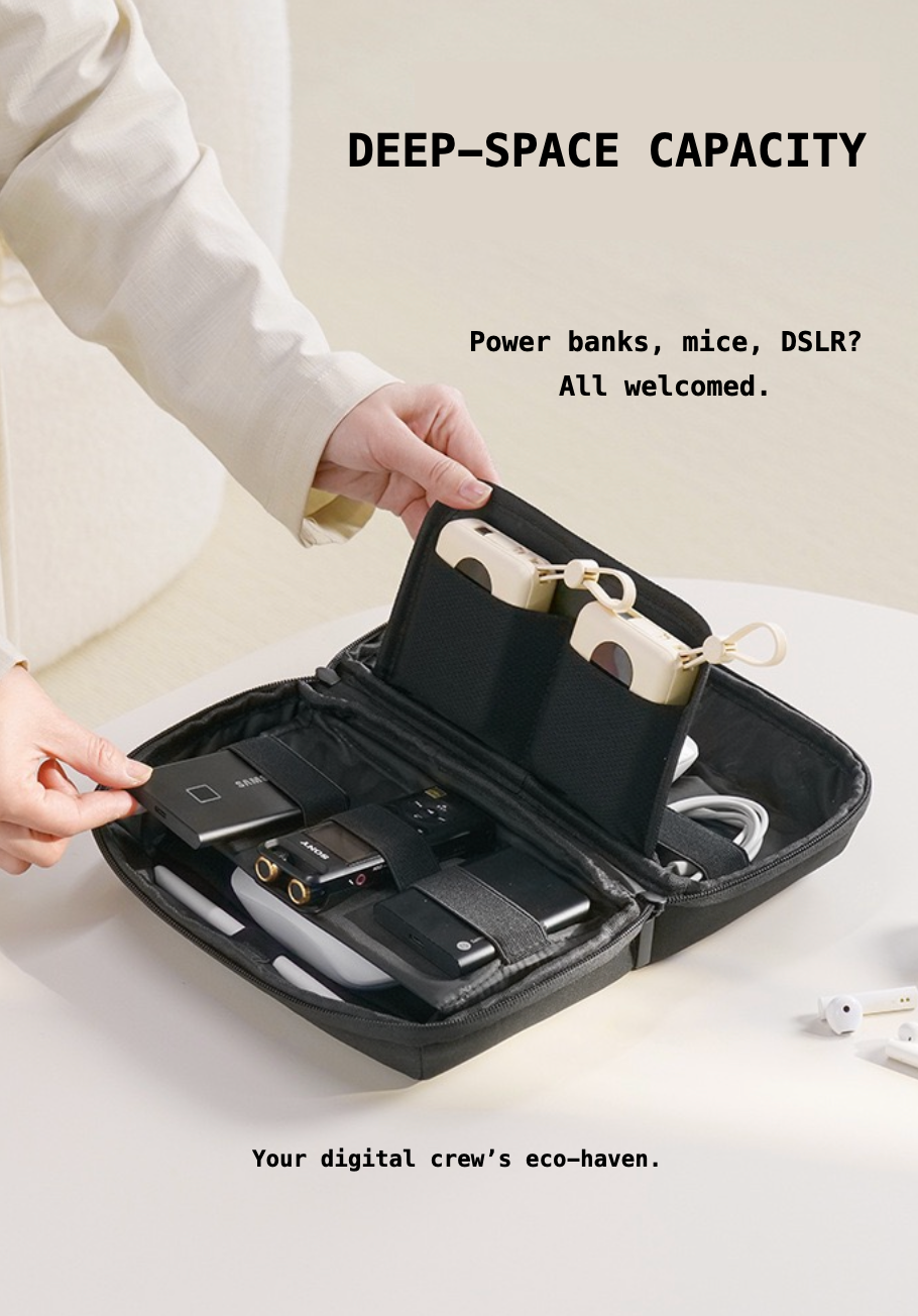 Black travel case with electronic devices inside, labeled 'DEEP-SPACE CAPACITY' on a light background.