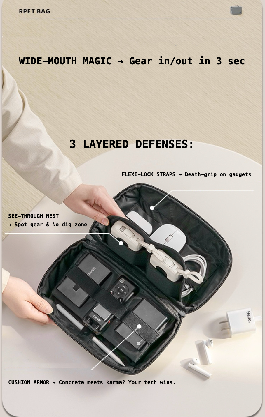 Black travel organizer with gadgets, labeled 'Wide-Mouth Magic' and '3 Layered Defenses', on a neutral background.