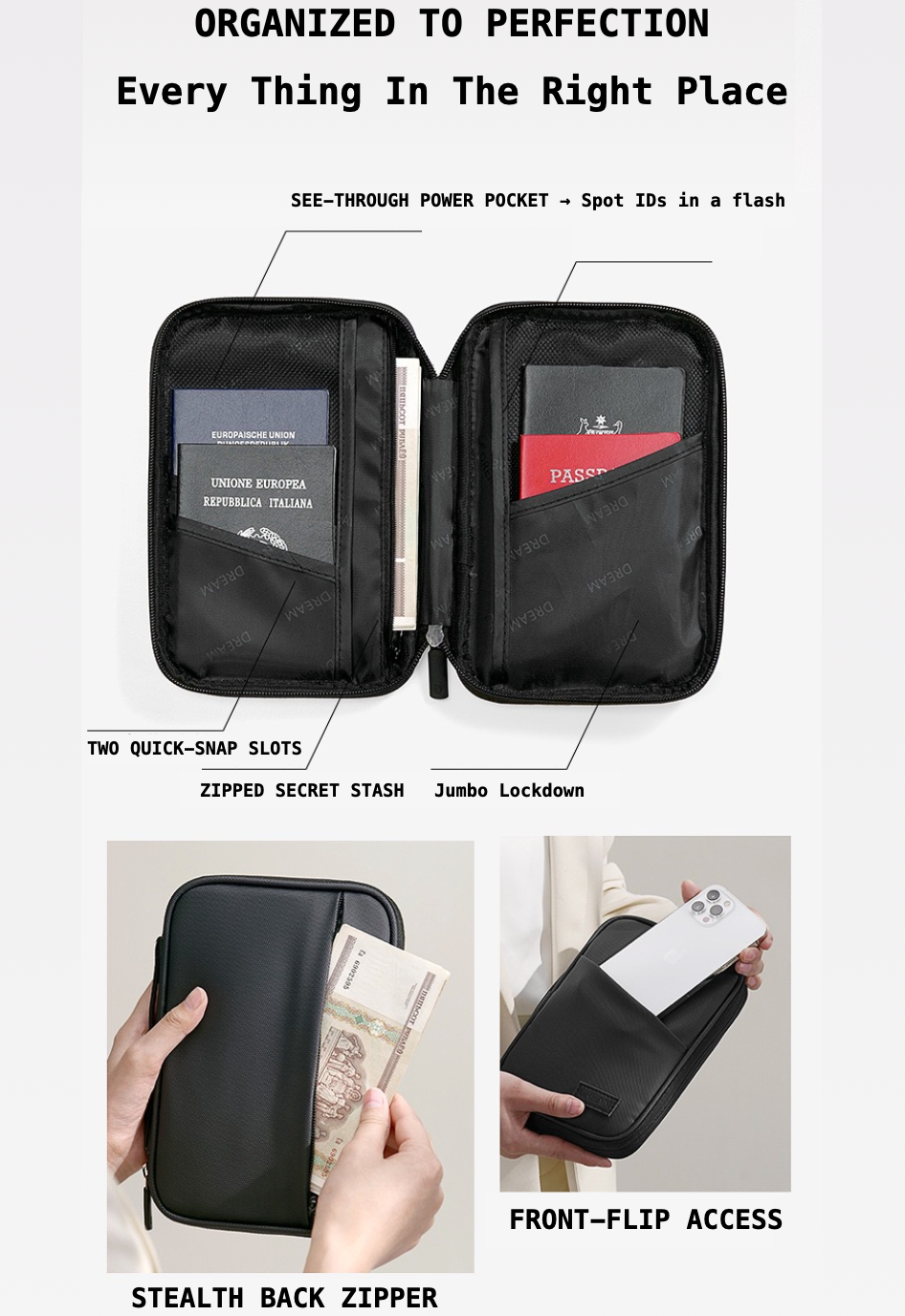 Black travel organizer with various compartments and features highlighted on a white background.