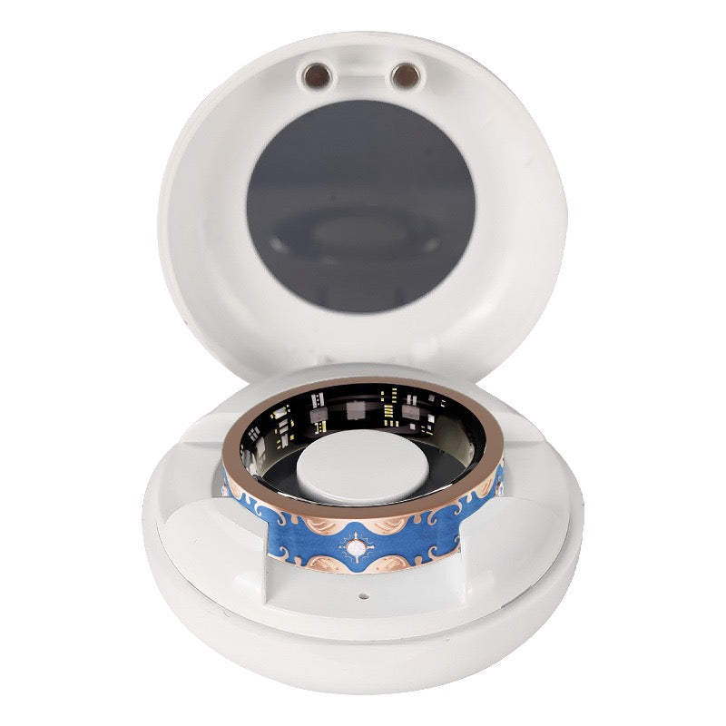 White SnapPal Orbit Smart Ring charging case; ring shown for illustration and sold separately
