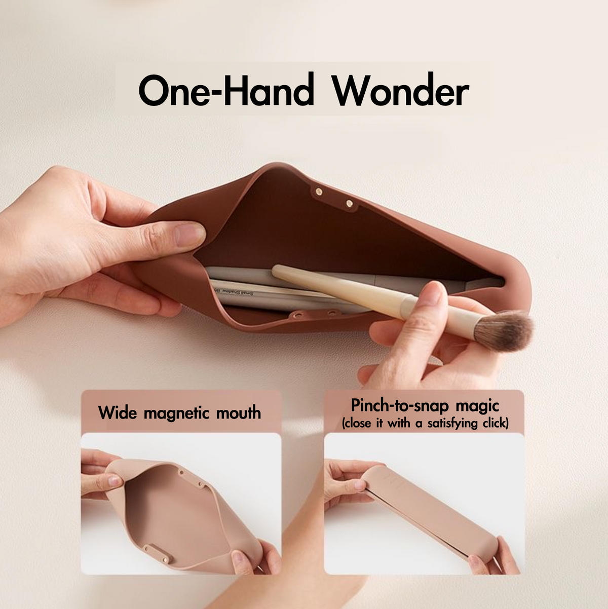 Hand holding a brown makeup brush case with text describing its features on a light beige background.