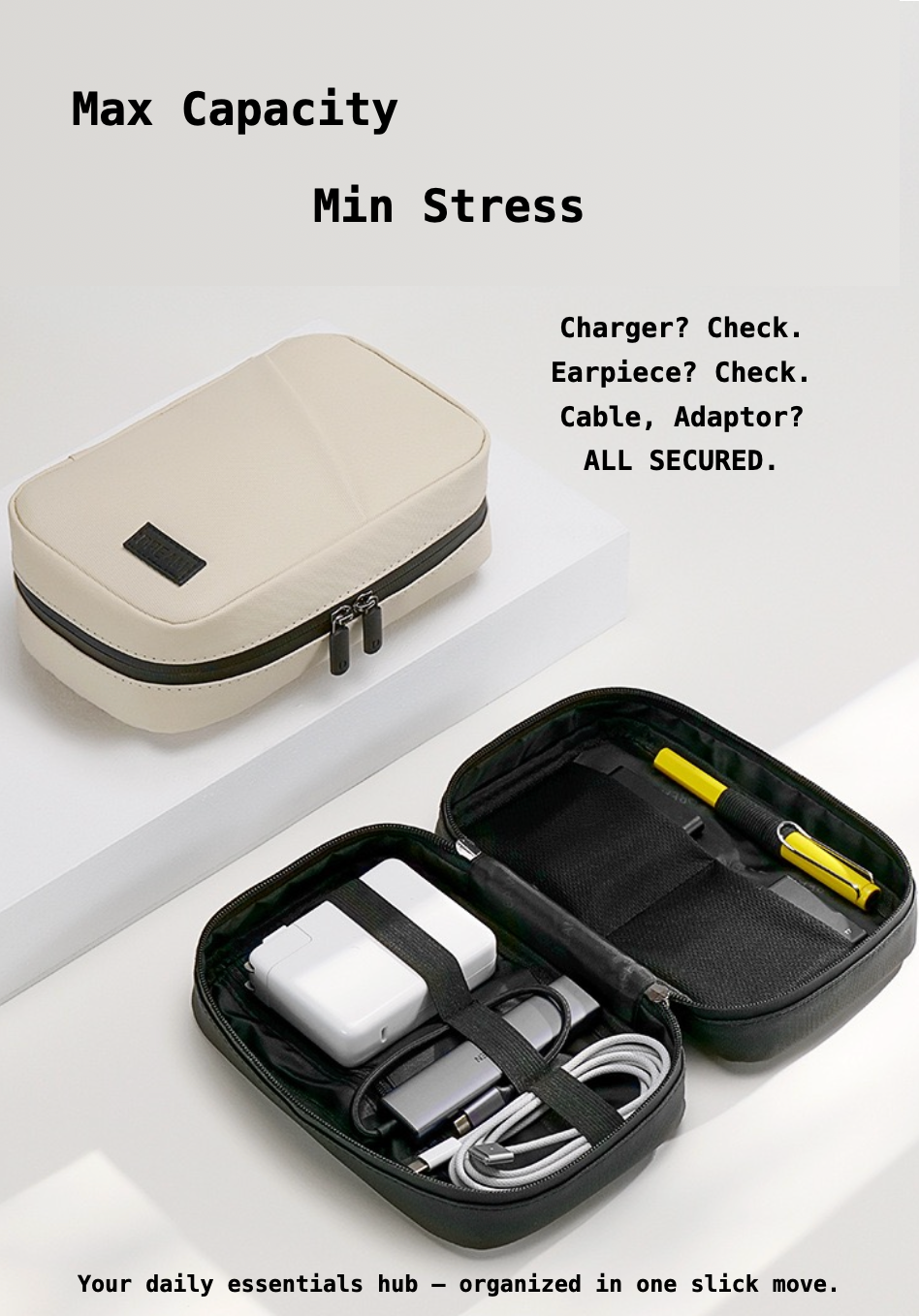 Portable electronic organizer with neatly arranged items on a light gray background
