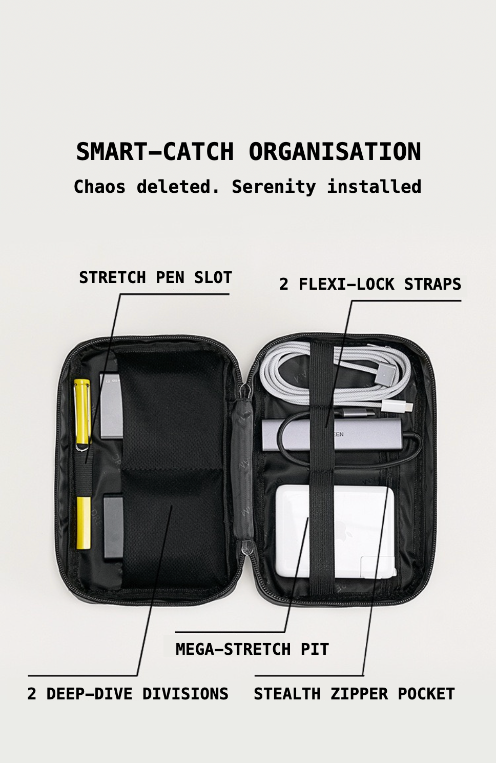 Organizer with labeled compartments on a white background