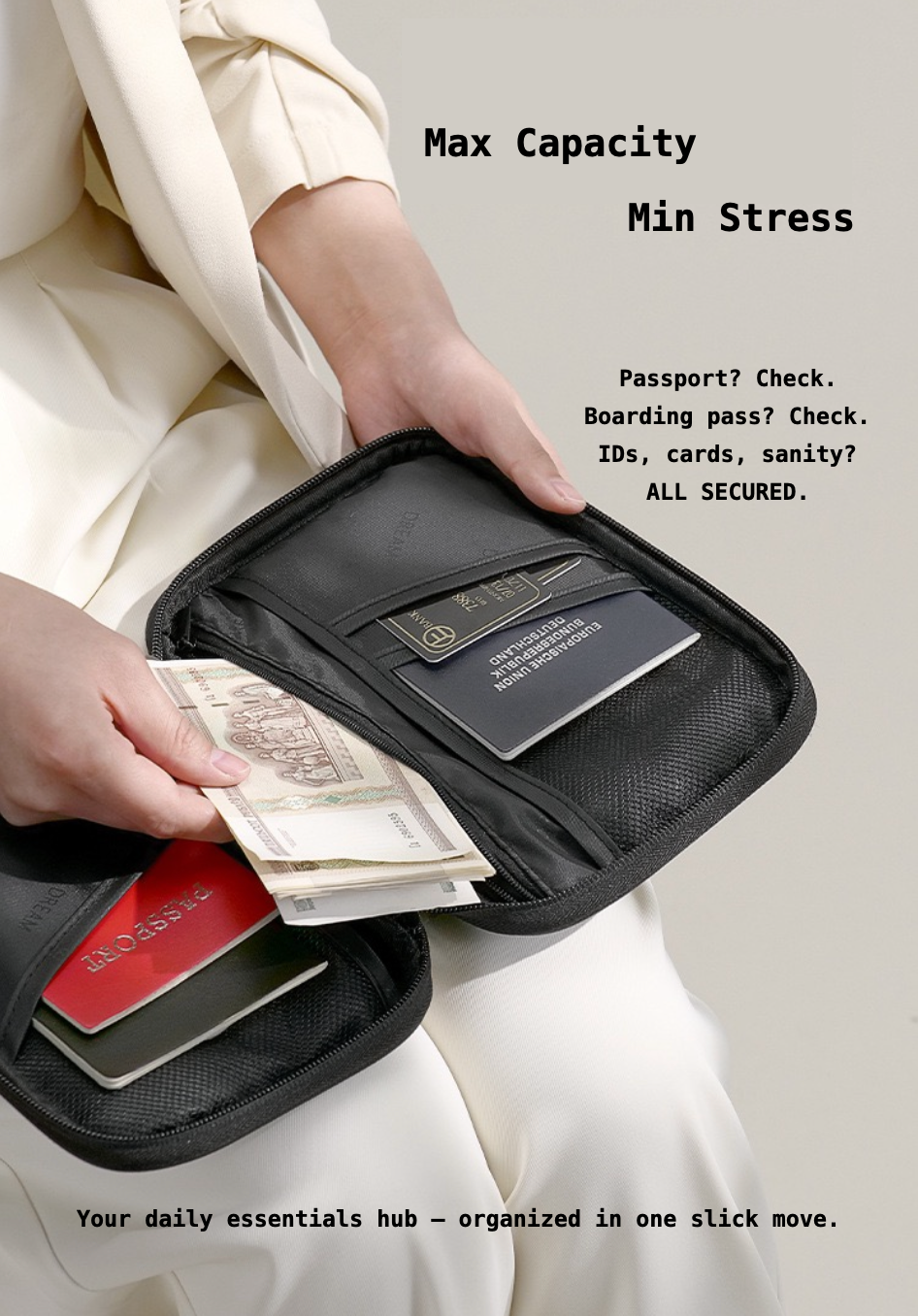 Black travel organizer with passport, cards, and money held by a person, with text about capacity and stress.
