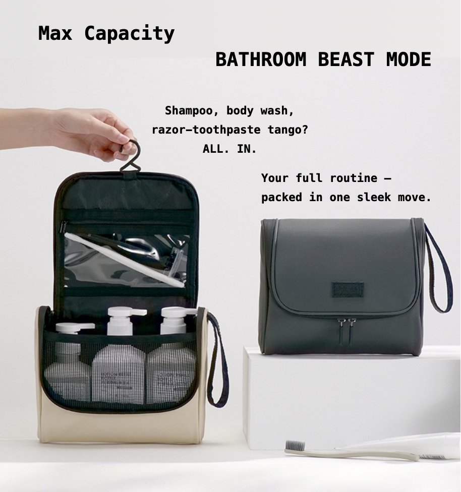 Cosmetic bag with toiletries and a separate pouch, highlighting max capacity and bathroom organization.