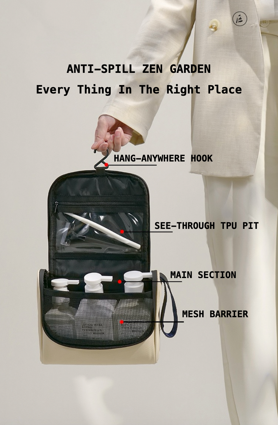 Portable toiletry bag with labeled features on a neutral background