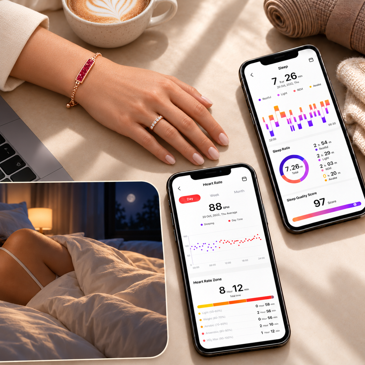 A naturally resting hand wearing Orbit jewelry, a nighttime sleep scene, and illustrative sleep and heart rate app screens